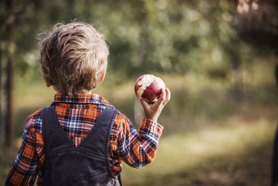 Rear view of boy holding eaten apple