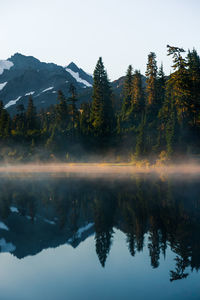 Reflection of trees in lake against sky