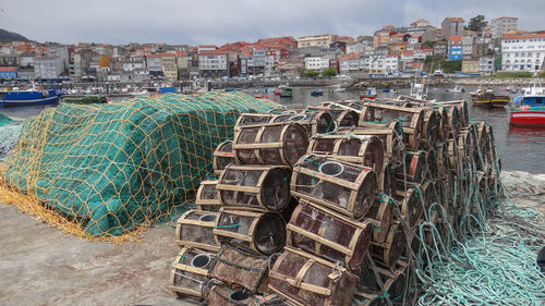 Stack of fishing net at harbor