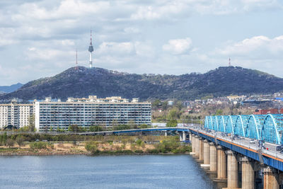 Bridge over river with buildings in background