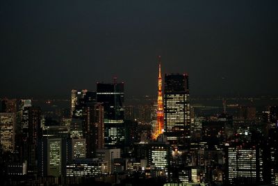 View of city lit up at night