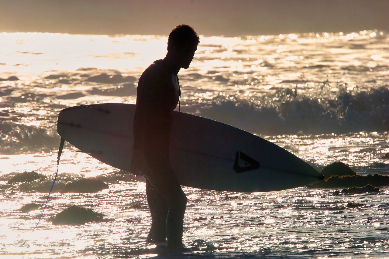 SILHOUETTE MAN WITH SURFBOARD ON BEACH