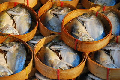 High angle view of fishes in basket for sale at market