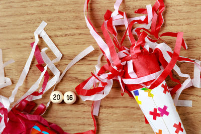 High angle view of christmas decorations on table