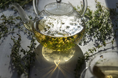 High angle view of tea cup on table