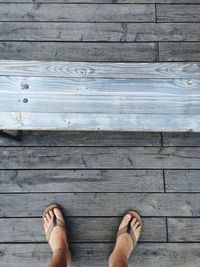 Low section of woman standing on wooden plank