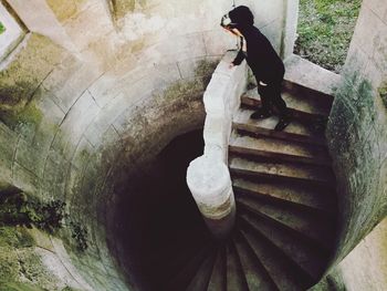 High angle view of man on steps