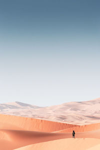 Person standing on desert against clear sky