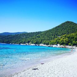 Scenic view of beach against clear blue sky