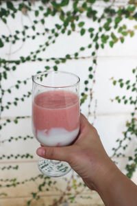 Close-up of hand holding glass of juice