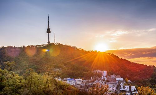 Scenic view of mountains against sky during sunset