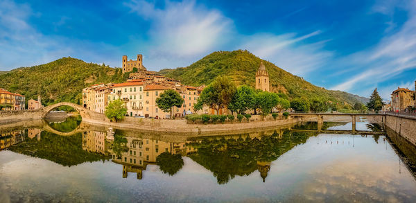 Reflection of buildings in lake against sky