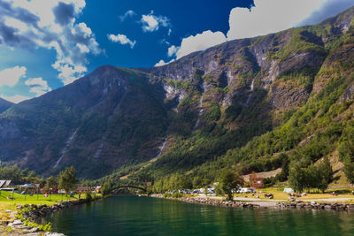 Scenic view of lake and mountains against sky