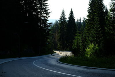 Empty road amidst trees against sky