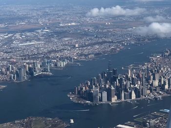 High angle view of city buildings at waterfront
