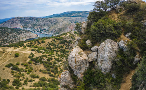 View of balaklava bay embankment from mountain top, crimea, russia