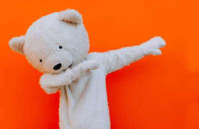 Close-up of bear gesturing against orange background