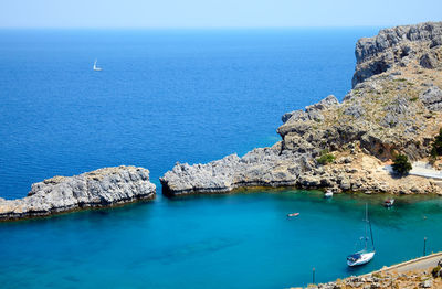 High angle view of sea against rocks