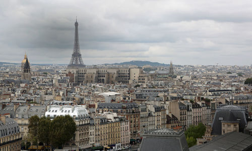 Aerial view of buildings in city against cloudy sky