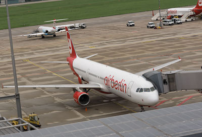 High angle view of airplane on runway