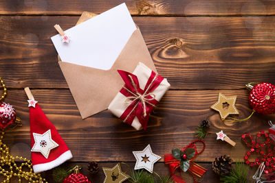 High angle view of christmas decorations on table