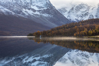 Scenic view of lake by snowcapped mountains against sky