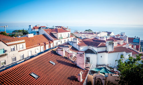 Residential district against clear blue sky