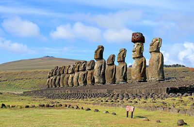 The iconic fifteen moai statues of ahu tongariki ceremonial platform on easter island, chile