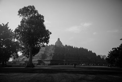 Trees in front of historic building against sky