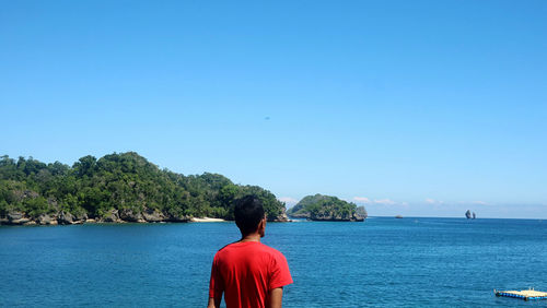 Rear view of woman looking at sea against blue sky