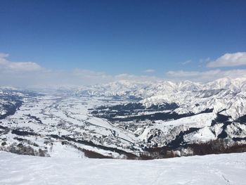 Aerial view of snowcapped mountains against sky