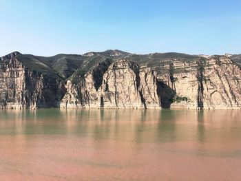 Scenic view of lake against clear blue sky