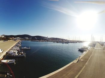 Panoramic view of harbor against clear sky