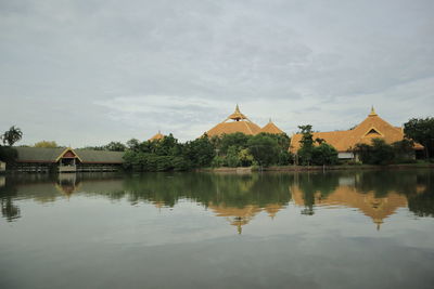 Reflection of building in lake against sky