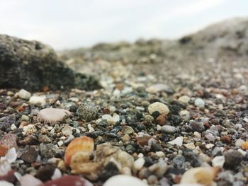 Stones at beach against sky