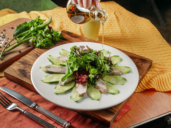 High angle view of salad in plate on table