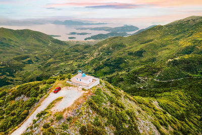 Aerial view of greek monastery in lefkada island