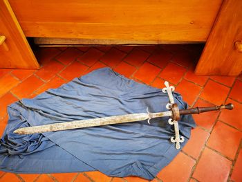 High angle view of umbrellas on floor in building