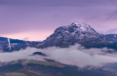 Scenic view of snowcapped mountains against sky during sunset