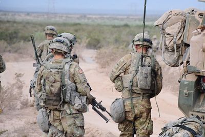 Rear view of army soldiers walking on land