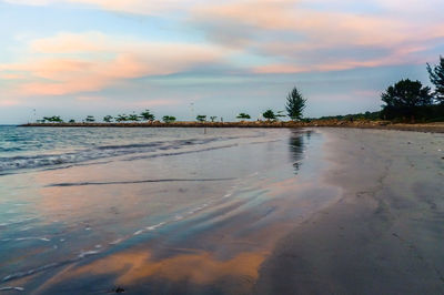 Scenic view of beach against sky during sunset