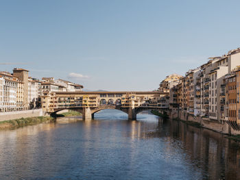 Bridge over river by buildings against sky in city