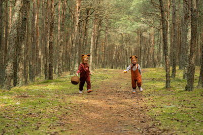 Toddler baby twins in bear bonnets playing and having fun in the woods