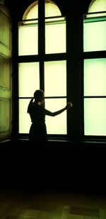 Rear view of woman looking through window at home