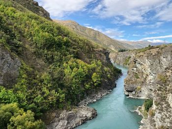 Scenic view of river amidst mountains against sky