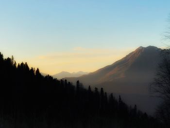 Scenic view of silhouette mountains against sky at sunset