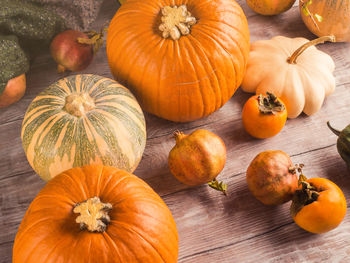 High angle view of pumpkins on table