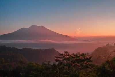 Scenic view of mountains against sky during sunset