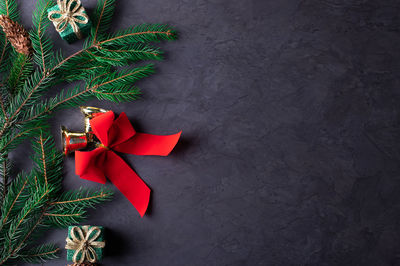 High angle view of christmas decorations on table