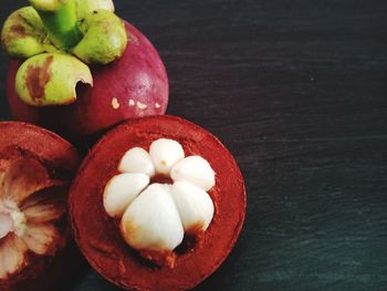 High angle view of apples in plate on table